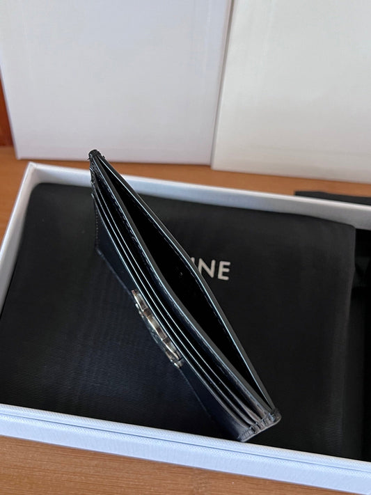 TRIOMPHE Card Holder Black Sliver Cowhide& Fabric