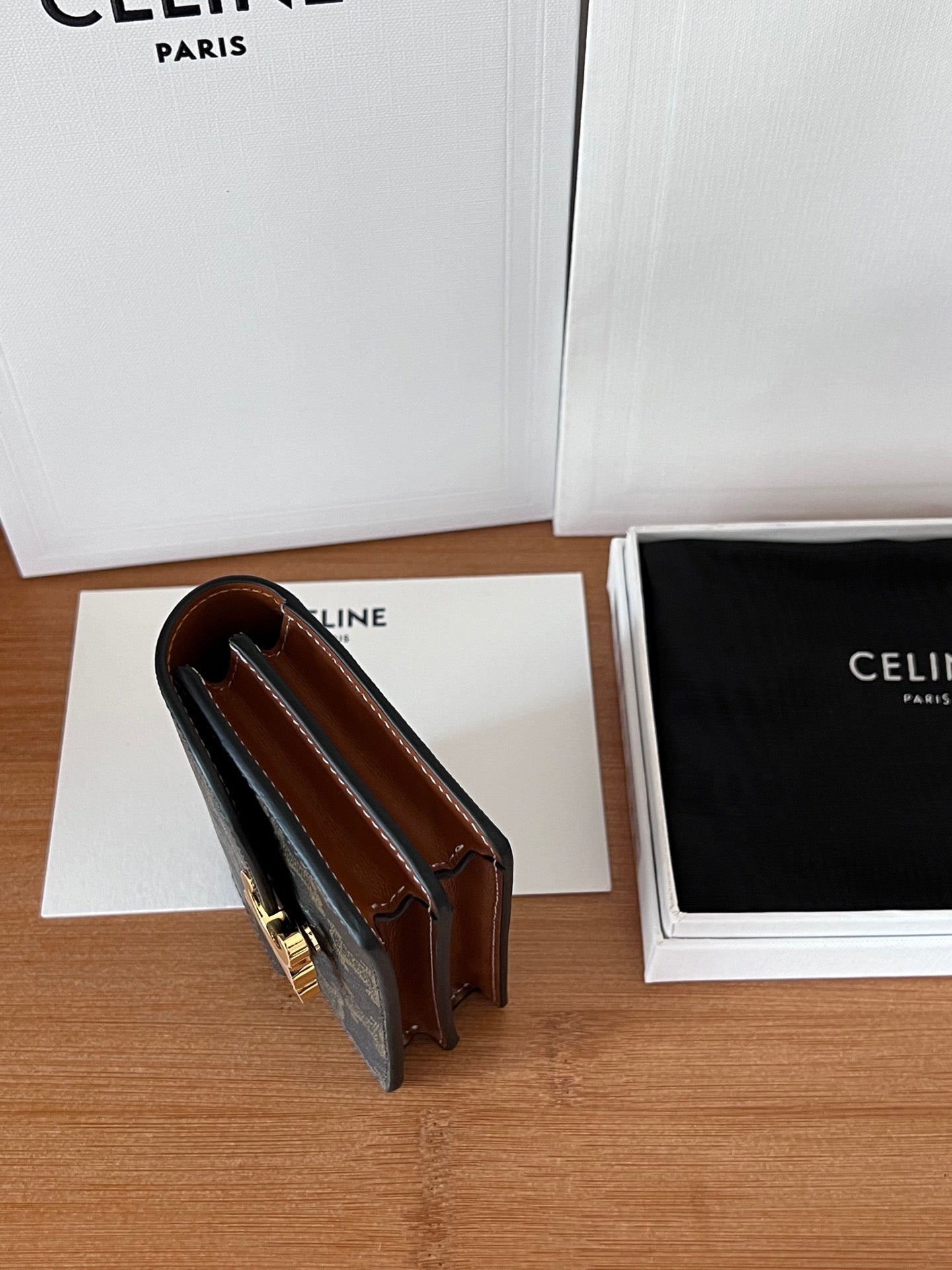 TRIOMPHE Business Card Holder Tan Cowhide GHW