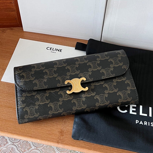 TRIOMPHE Flap Wallet Card Holder 19cm Tan Black Cafskin