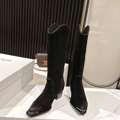 CELINE 25 Mid Calf Cowboy Boots Black Suede 434426