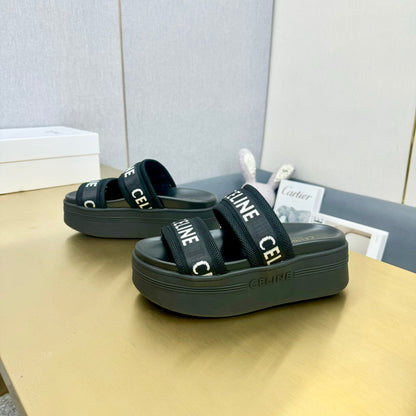 Celine Flatform Dad Sandal Mule Black Fabric with Rubber 238142