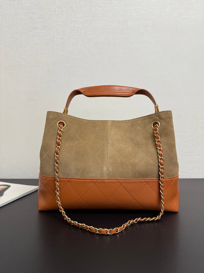 Chanel 2026 Quilted Shopping Bag 35cm Beige Brown Suede Leather
