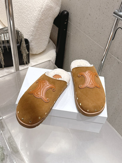 Celine Pitea Clogs Brown Suede Calfskin Shearling 610960