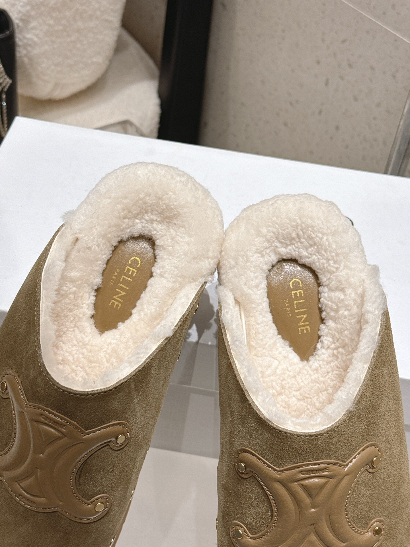 Celine Pitea Clogs Taupe Suede Calfskin Shearling 610961
