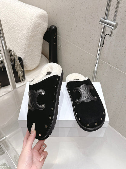 Celine Pitea Clogs Black Suede Calfskin Shearling 610962
