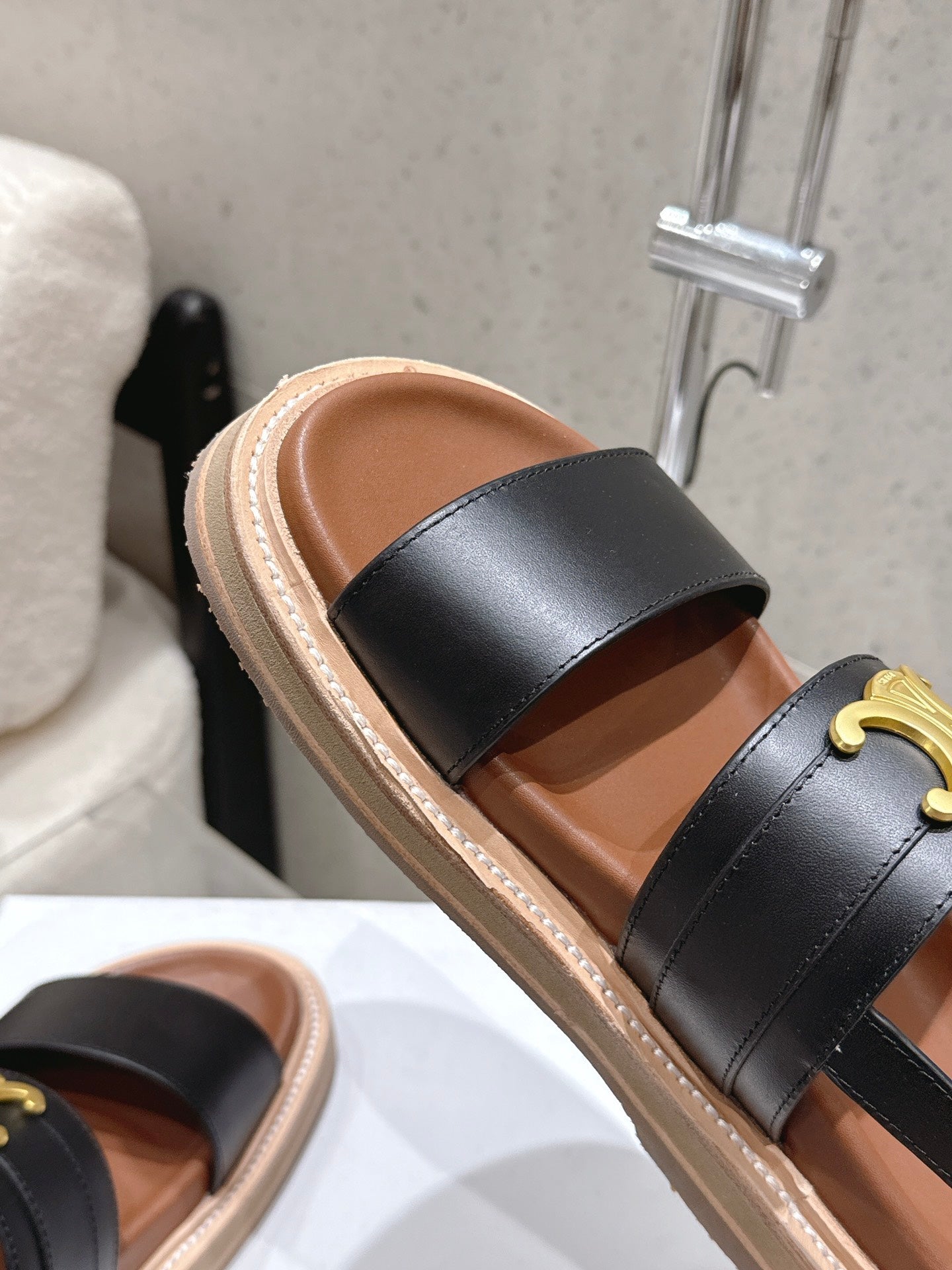 Celine Triomphe Sandals Black Brown Calfskin 610937
