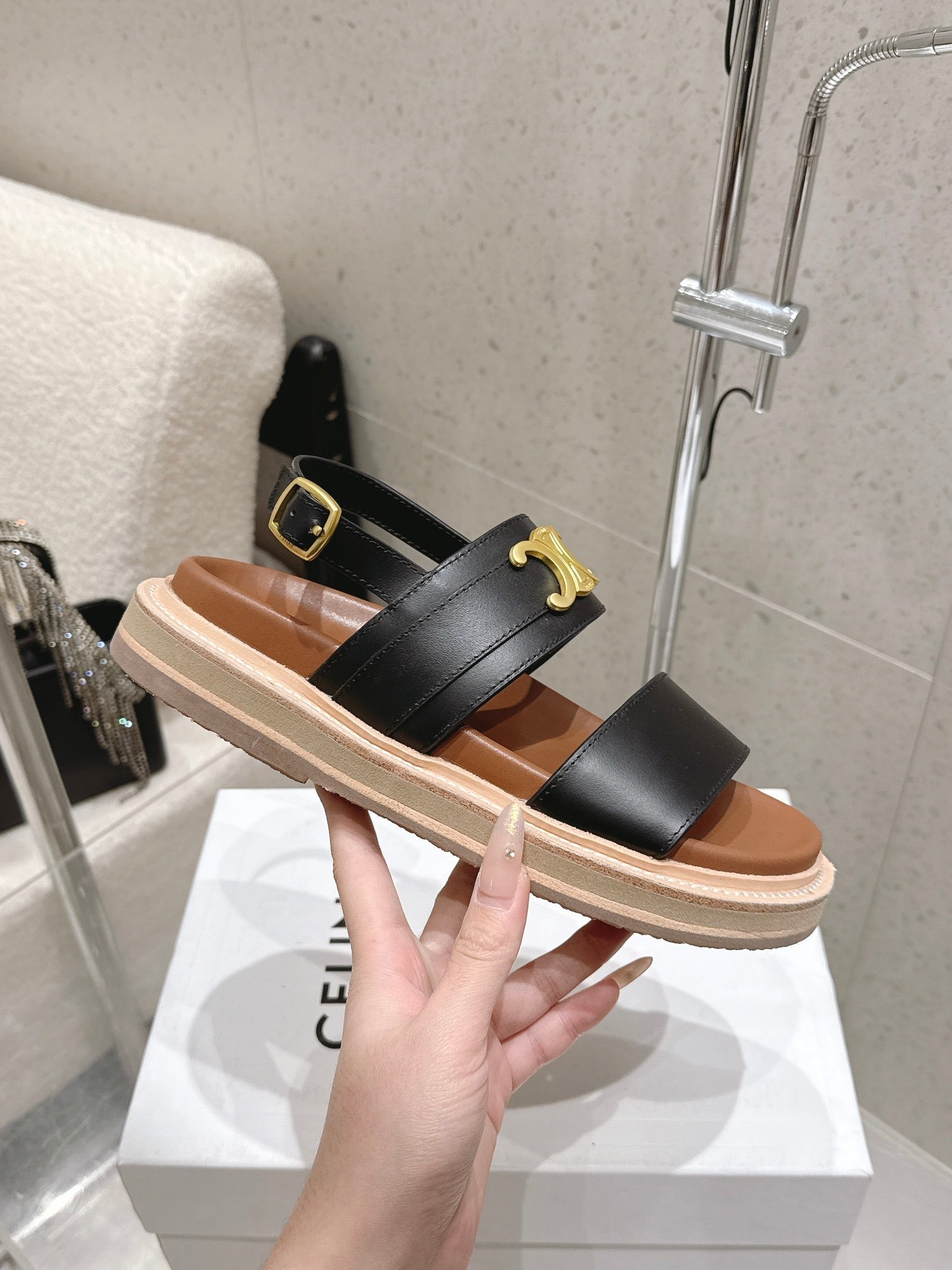 Celine Triomphe Sandals Black Brown Calfskin 610937