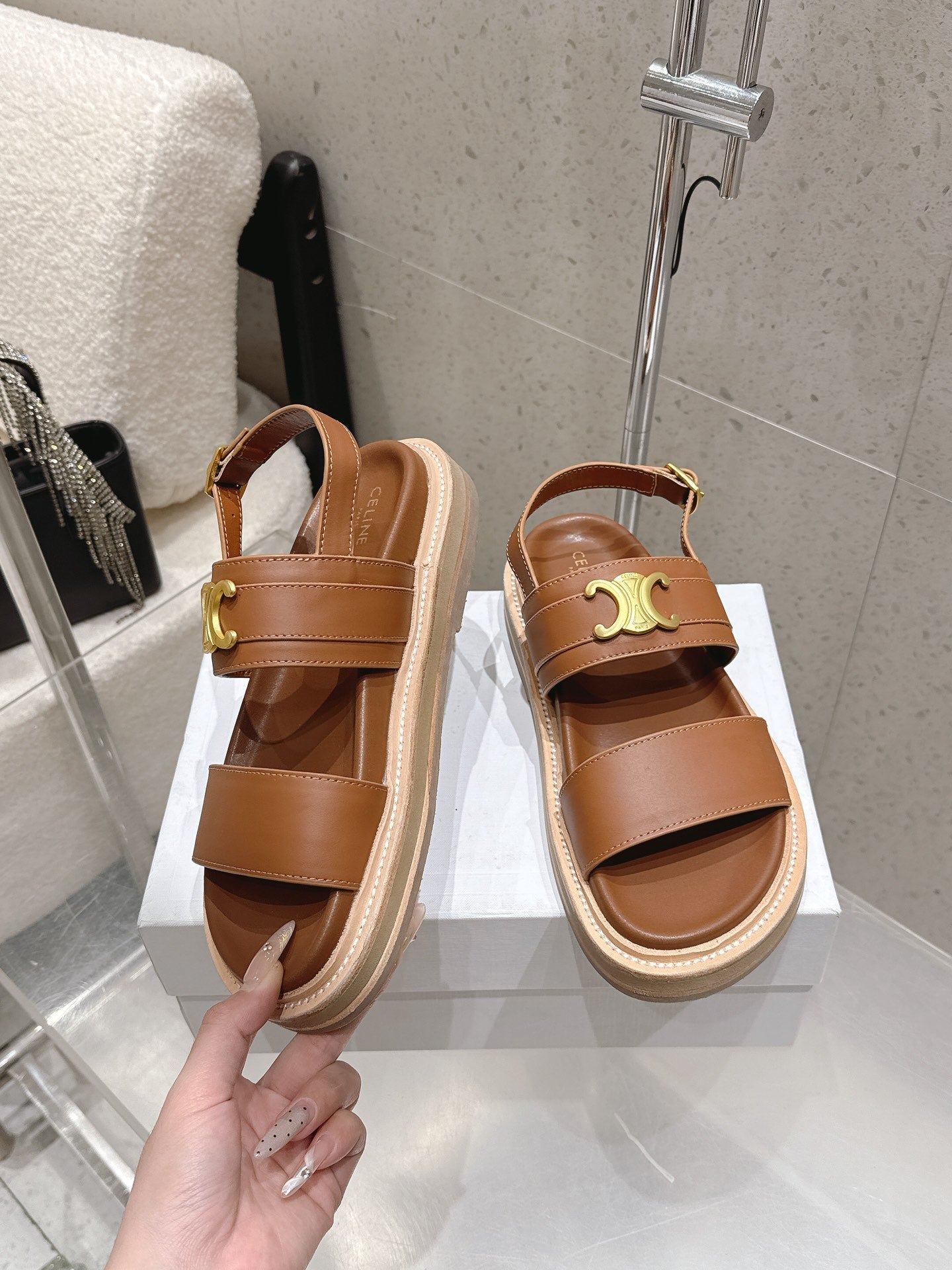 Celine Triomphe Sandals Brown Calfskin 610938