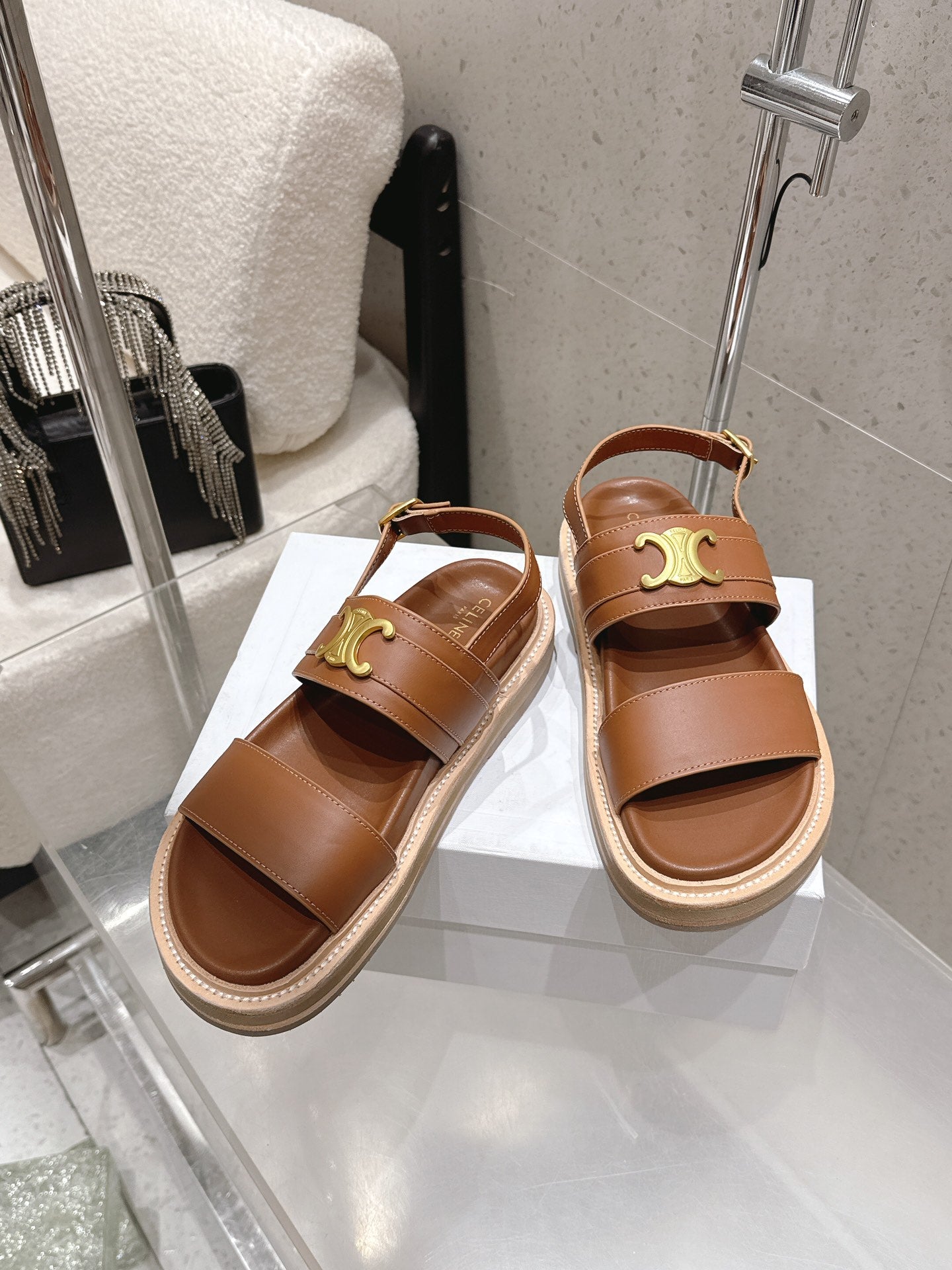 Celine Triomphe Sandals Brown Calfskin 610938