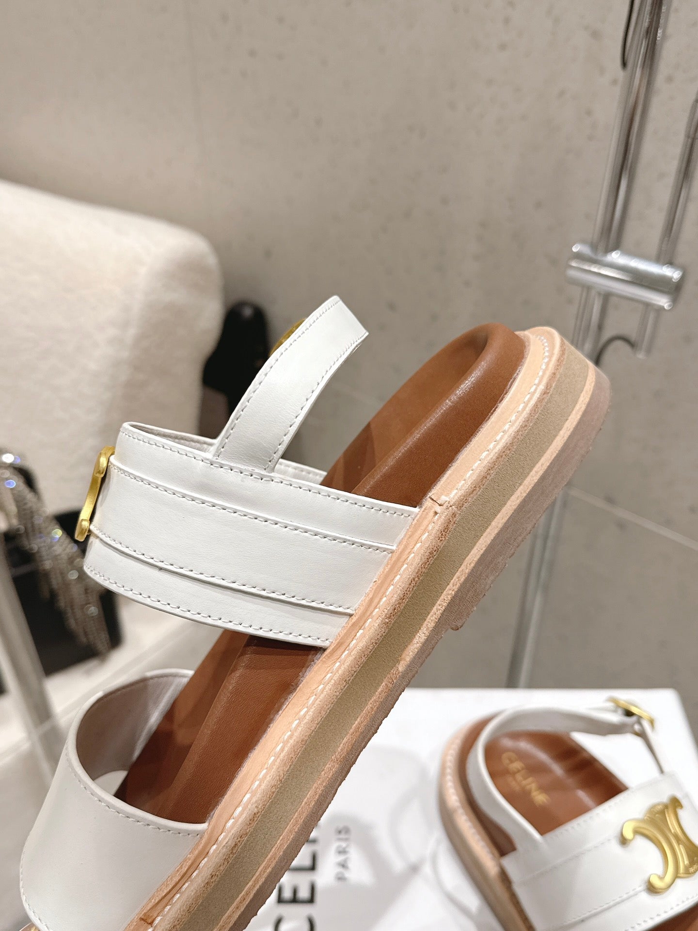 Celine Triomphe Sandals White Brown Calfskin 610939