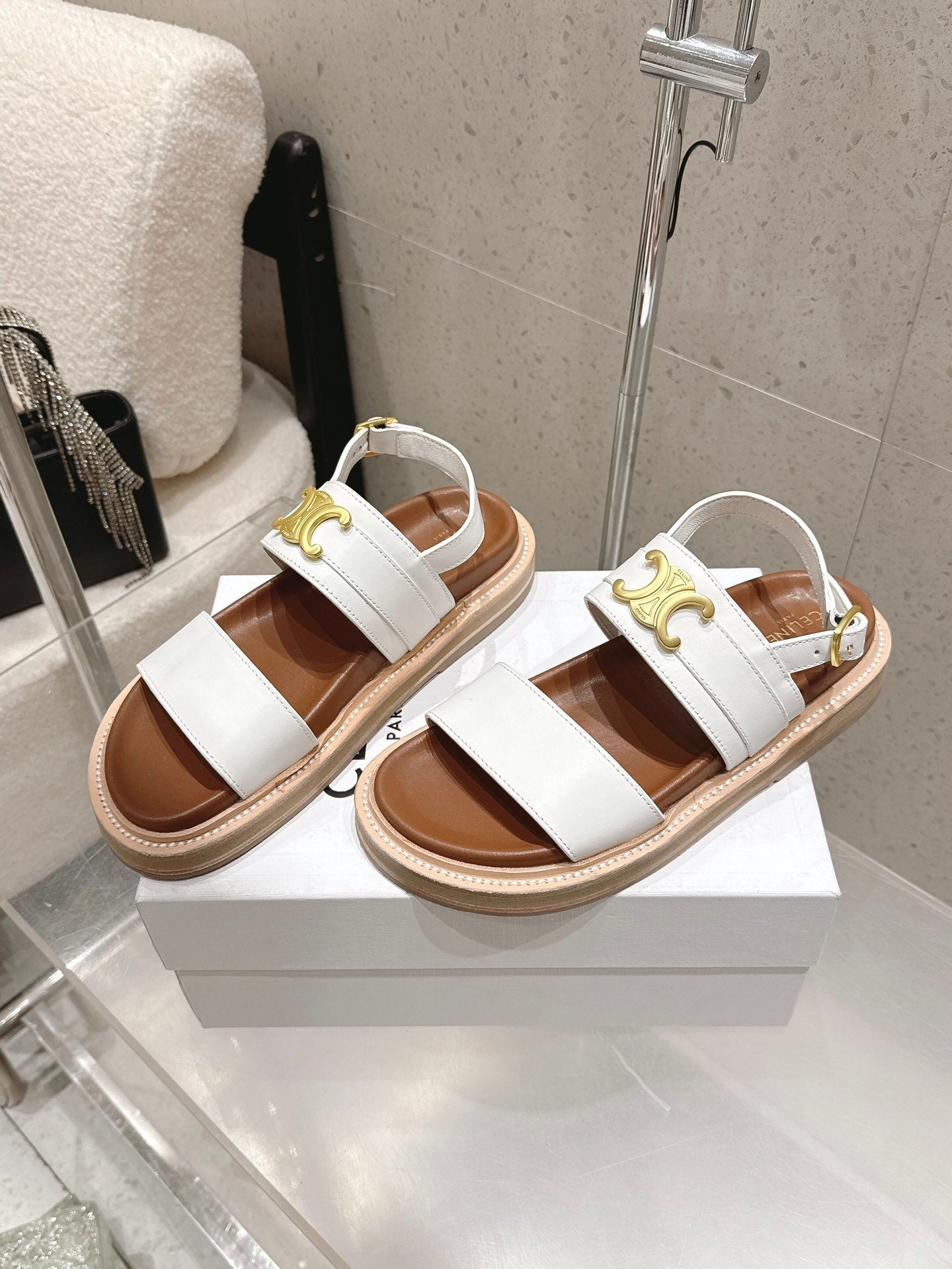 Celine Triomphe Sandals White Brown Calfskin 610939