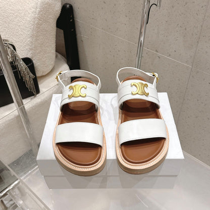 Celine Triomphe Sandals White Brown Calfskin 610939