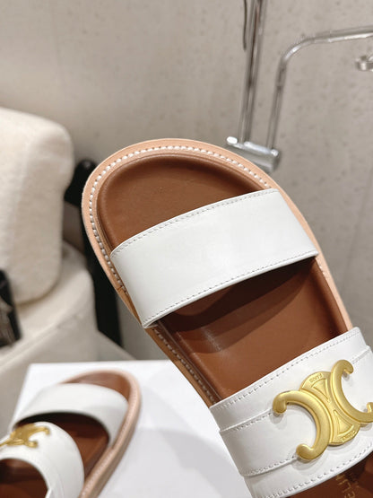 Celine Triomphe Sandals White Brown Calfskin 610939