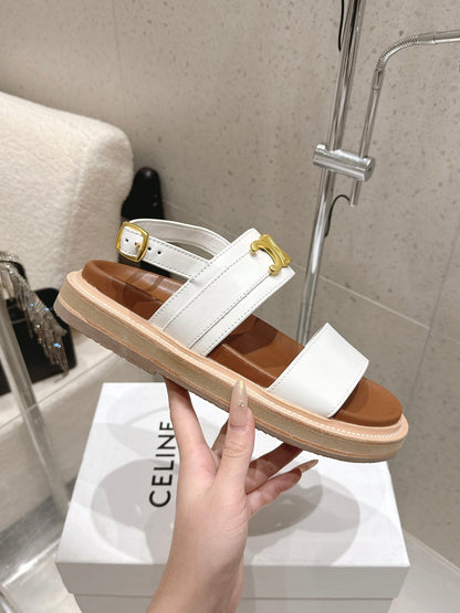 Celine Triomphe Sandals White Brown Calfskin 610939