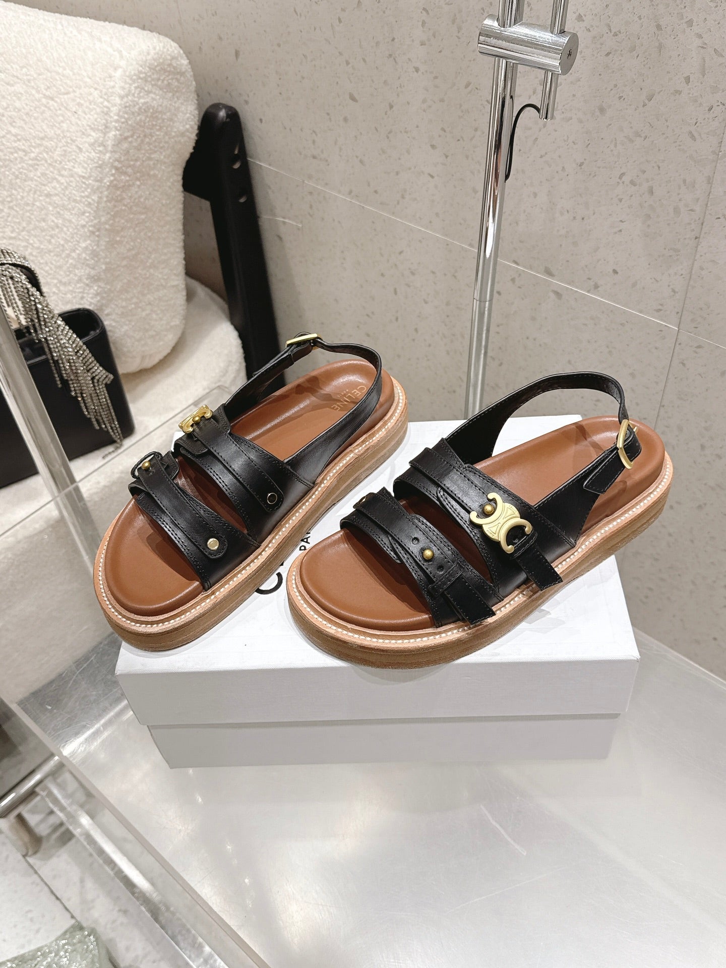 Celine Tippi Triomphe Sandals Black Brown Calfskin 610940