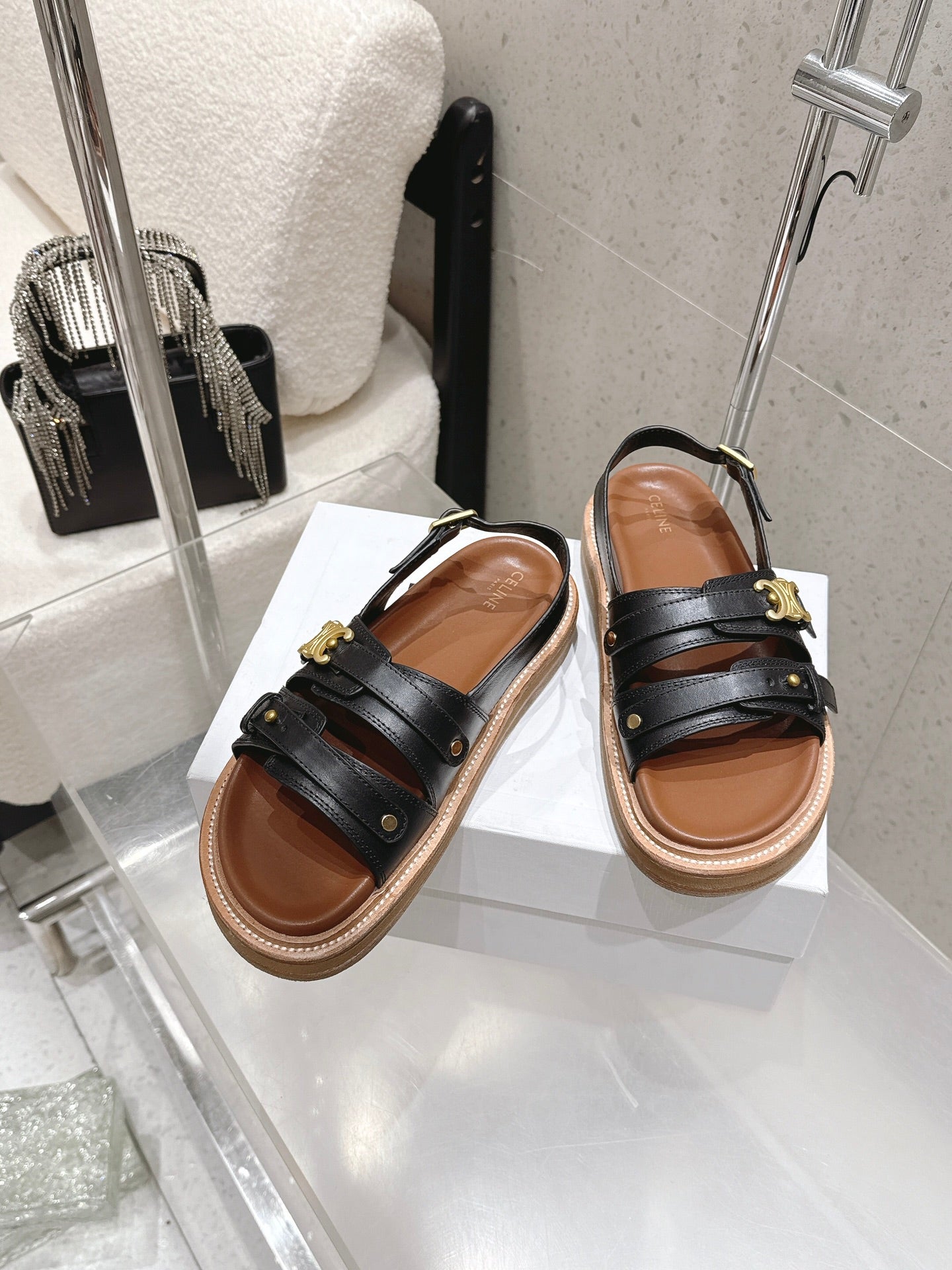 Celine Tippi Triomphe Sandals Black Brown Calfskin 610940