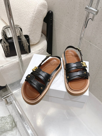 Celine Tippi Triomphe Sandals Black Brown Calfskin 610940