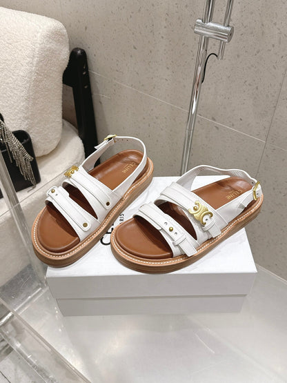 Celine Tippi Triomphe Sandals White Brown Calfskin 610941