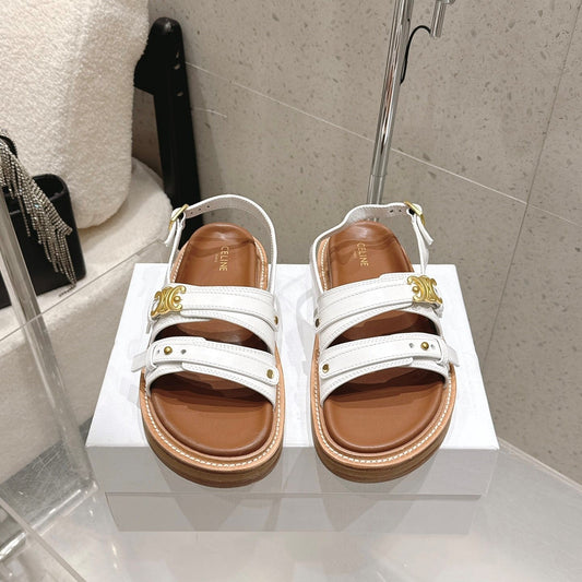 Celine Tippi Triomphe Sandals White Brown Calfskin 610941