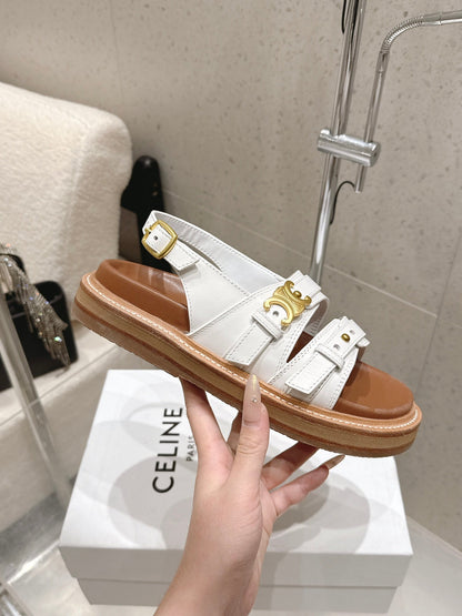 Celine Tippi Triomphe Sandals White Brown Calfskin 610941