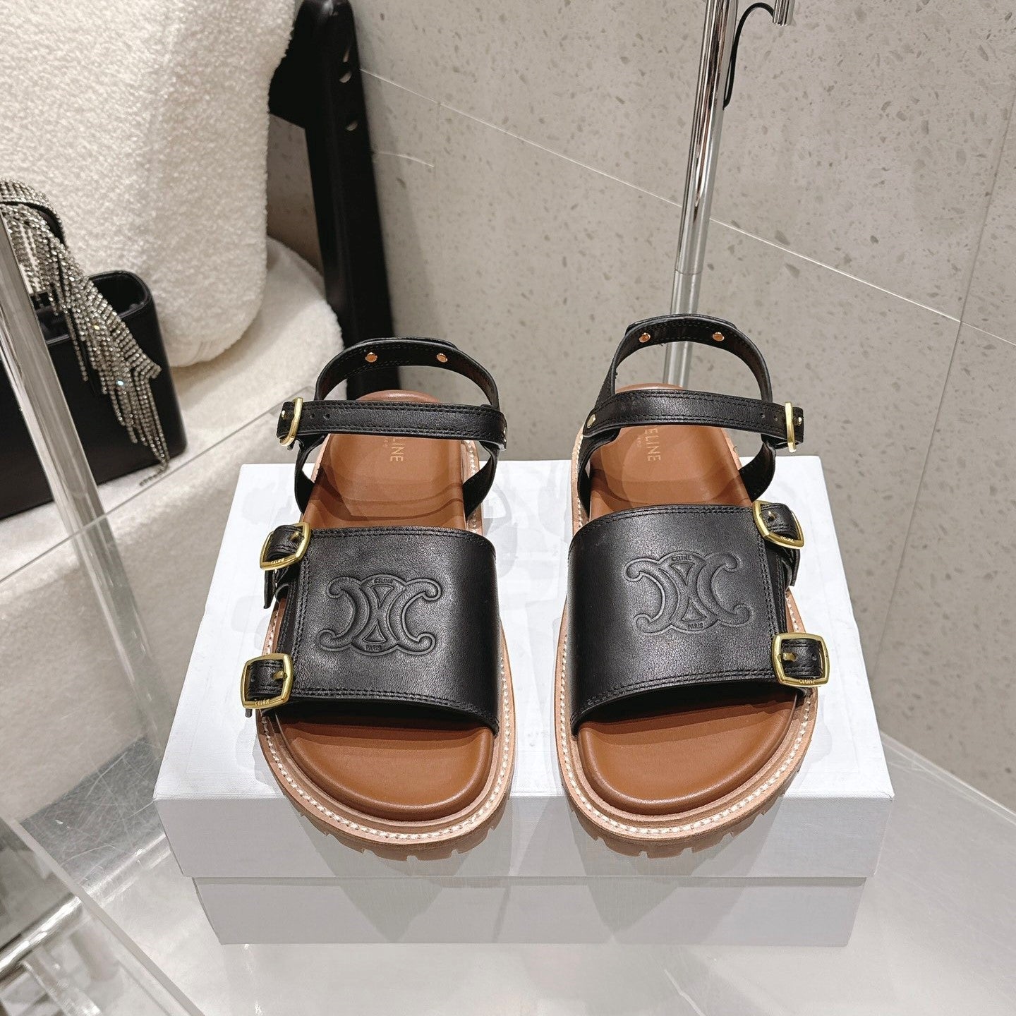 Celine Triomphe Sandals Black Brown Leather 610942