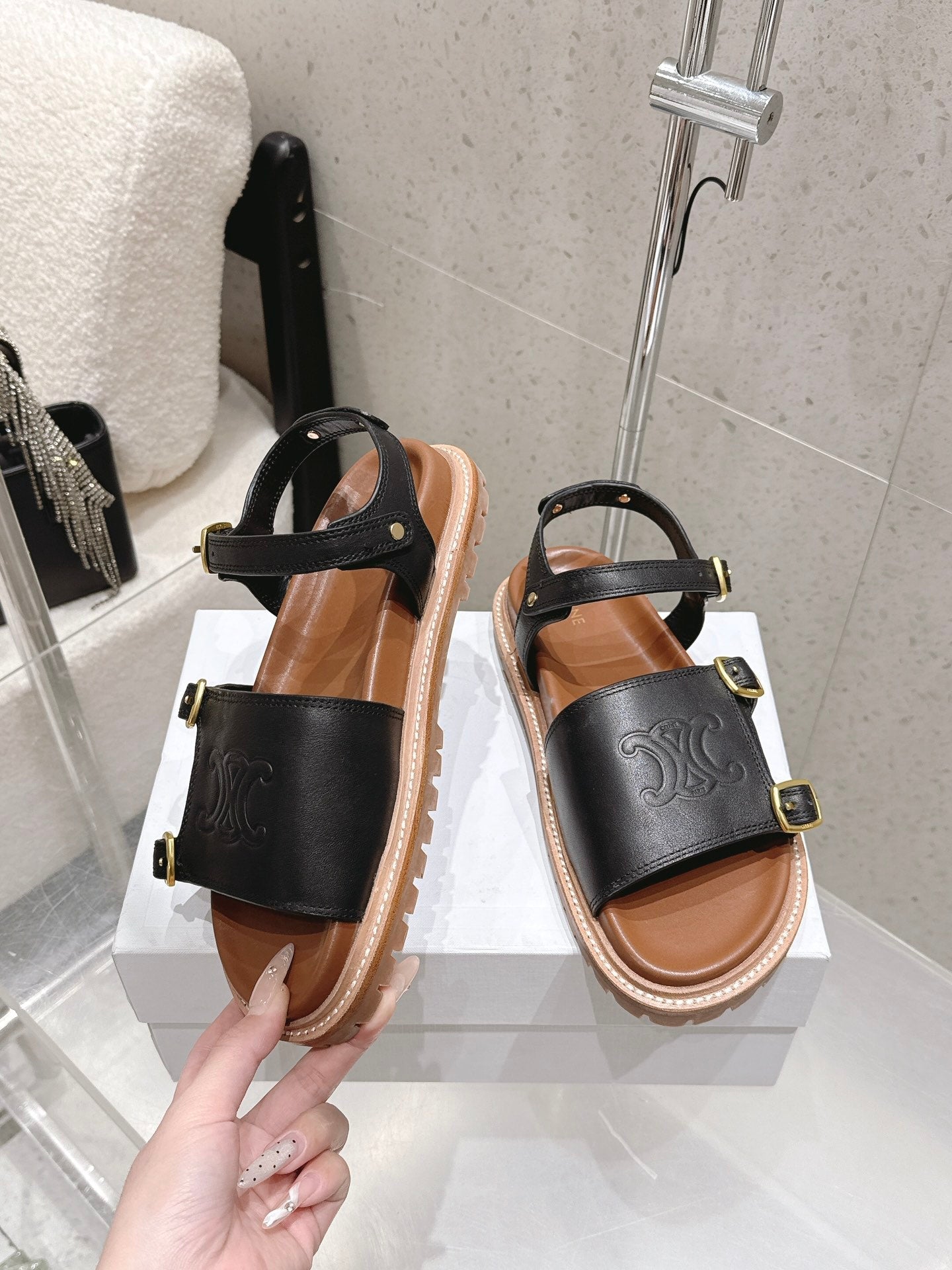 Celine Triomphe Sandals Black Brown Leather 610942