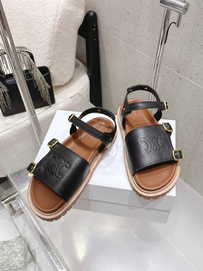 Celine Triomphe Sandals Black Brown Leather 610942