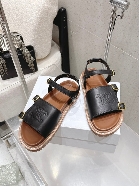 Celine Triomphe Sandals Black Brown Leather 610942
