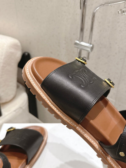 Celine Triomphe Sandals Black Brown Leather 610942