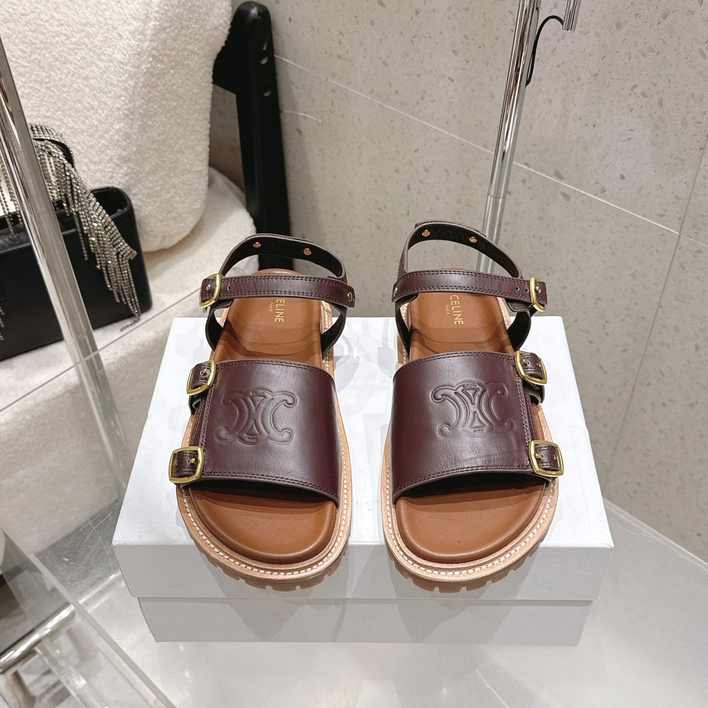 Celine Triomphe Sandals Brown Leather 610943