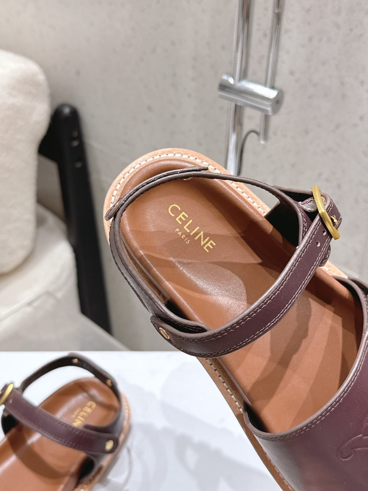 Celine Triomphe Sandals Brown Leather 610943
