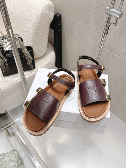 Celine Triomphe Sandals Brown Leather 610943