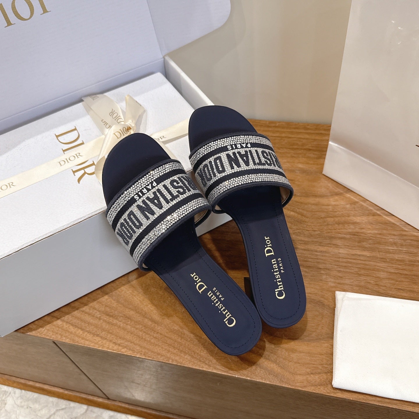 CD 26s Embroidered Sandals Navy Blue Canvas Leather 685606