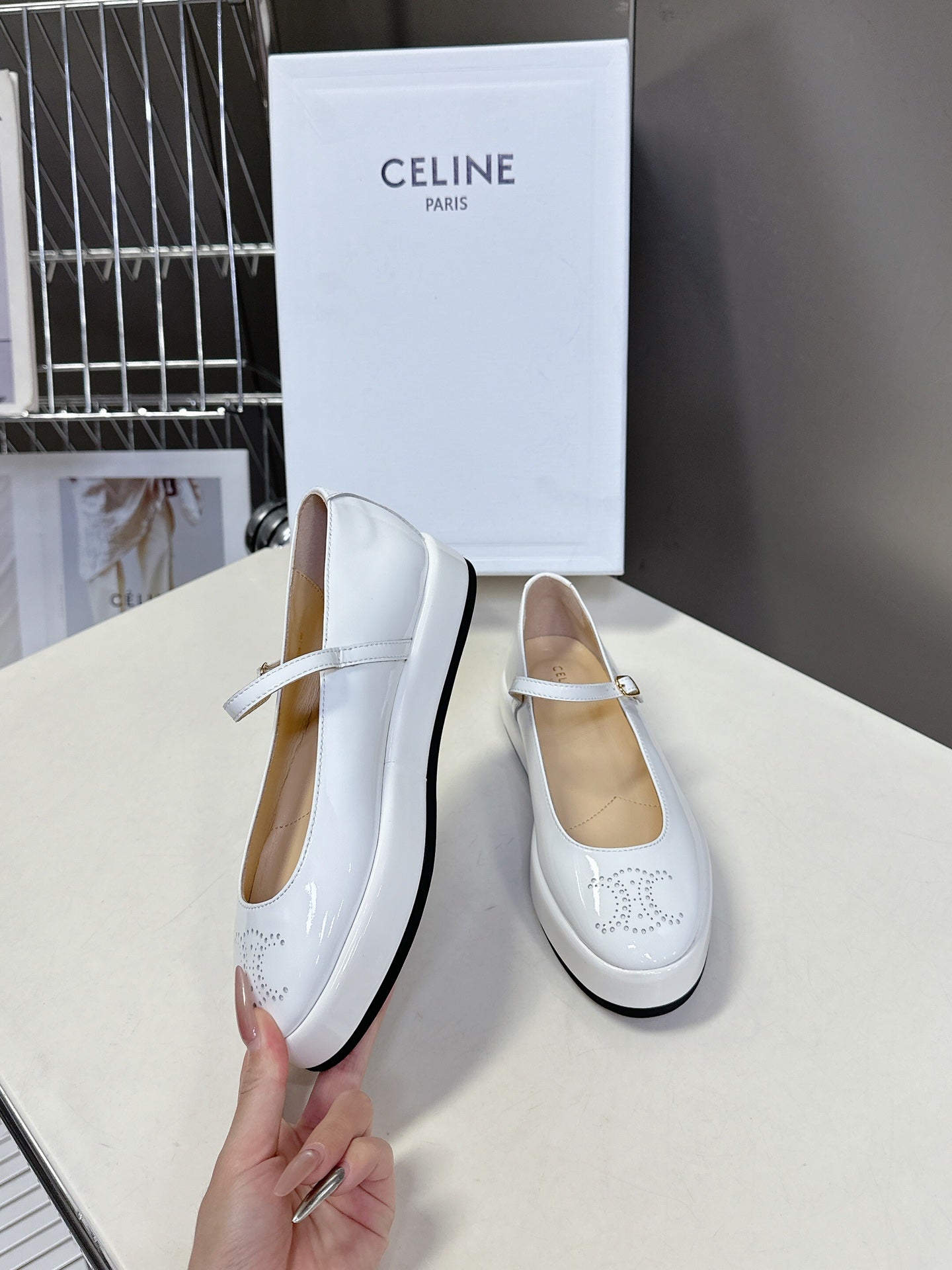 CELINE Ballet Flats White Patent Leather 285930
