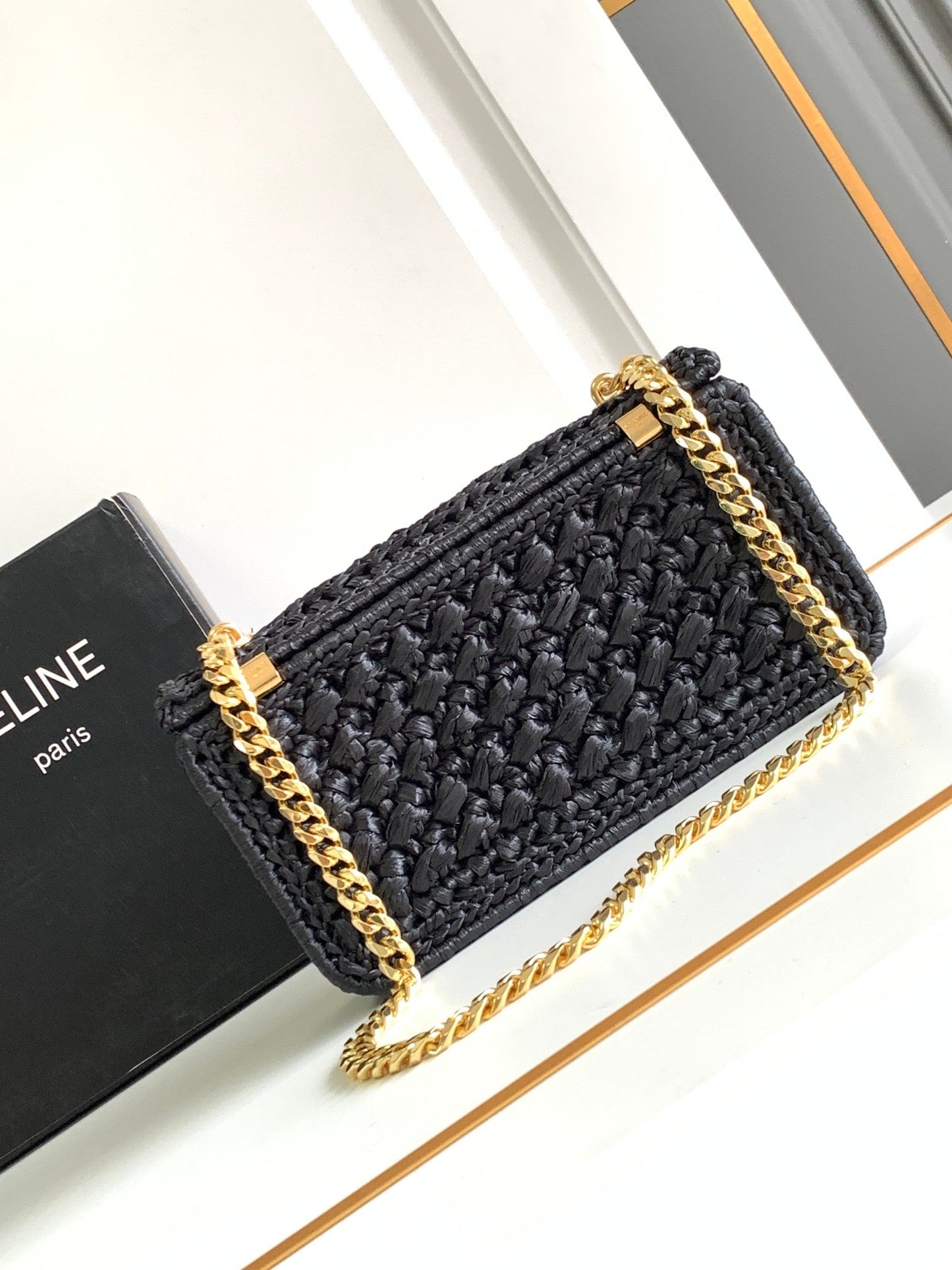 Celine Triomphe 20cm Black Raffia Gold Hardware