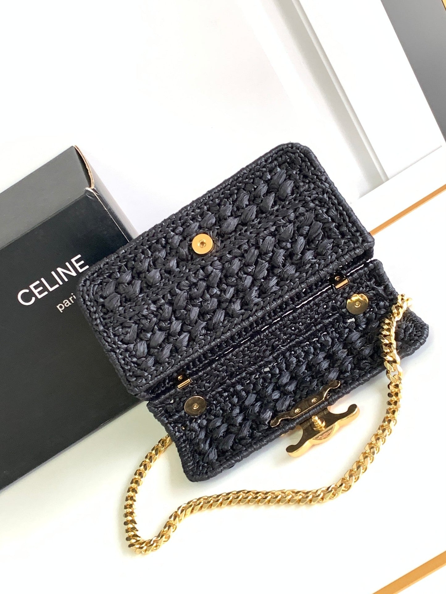 Celine Triomphe 20cm Black Raffia Gold Hardware