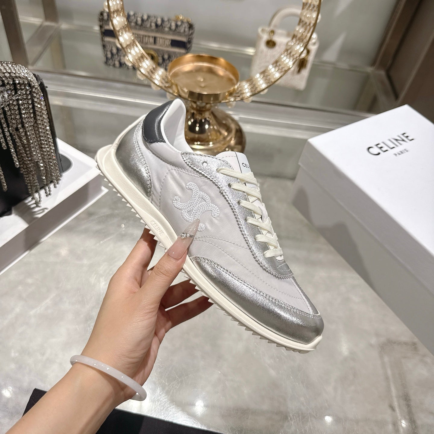 Celine Racer Sneaker Sliver Lambskin Lace 679825