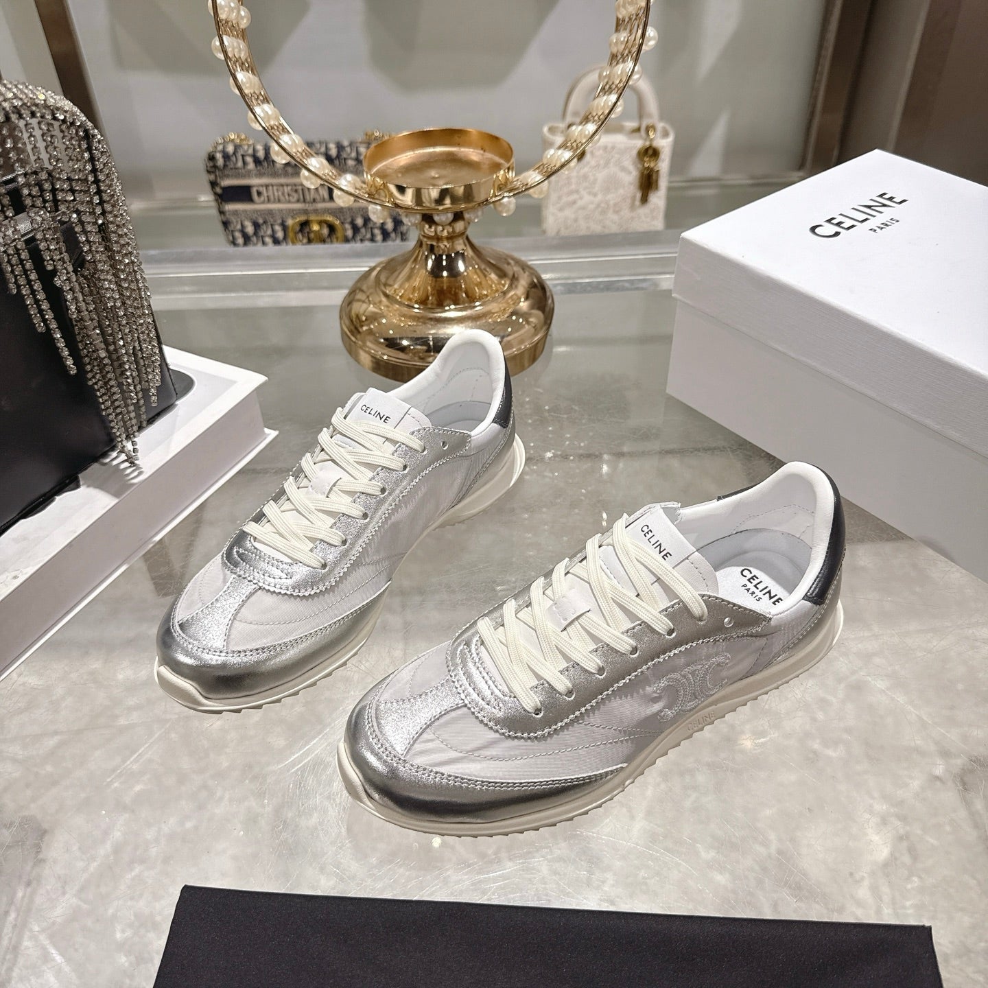 Celine Racer Sneaker Sliver Lambskin Lace 679825