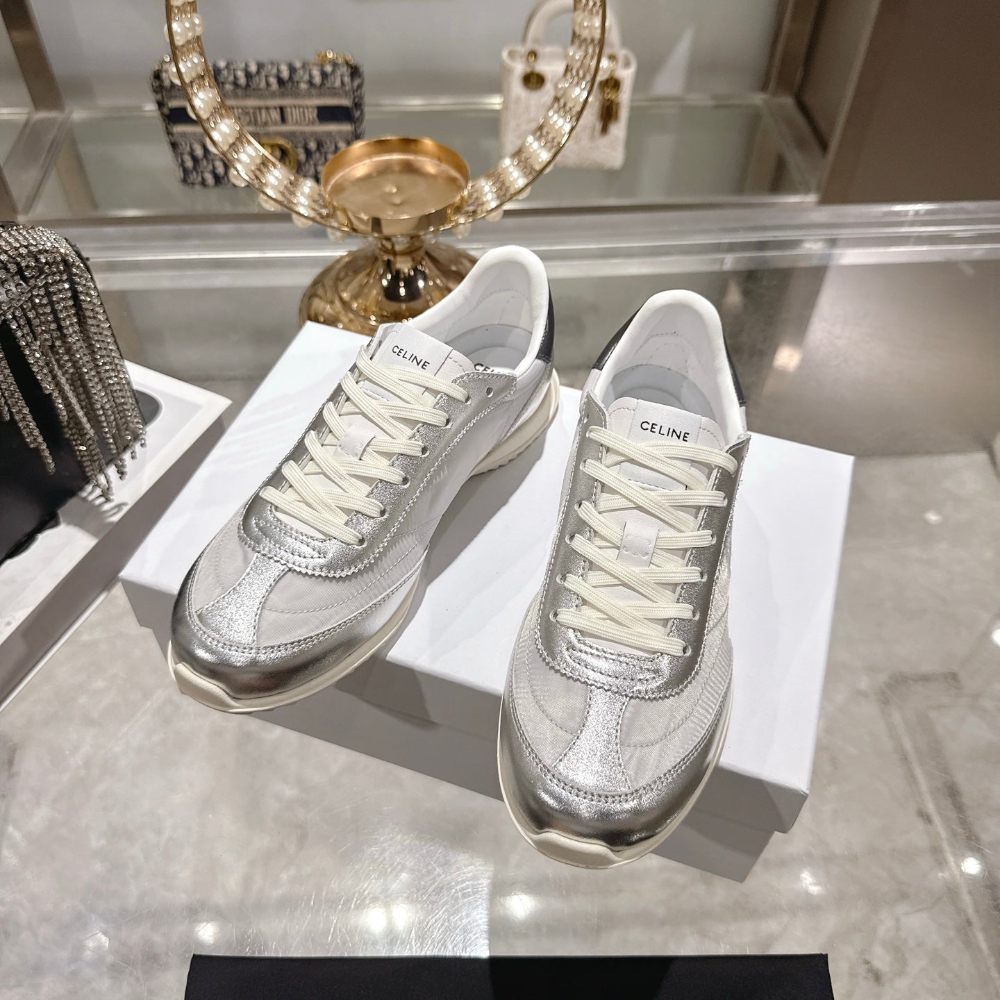 Celine Racer Sneaker Sliver Lambskin Lace 679825