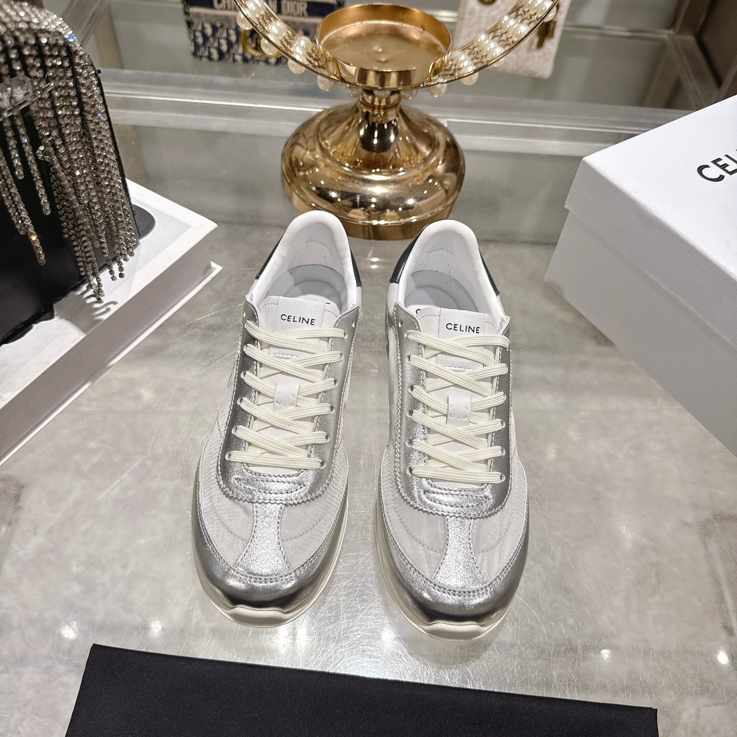 Celine Racer Sneaker Sliver Lambskin Lace 679825