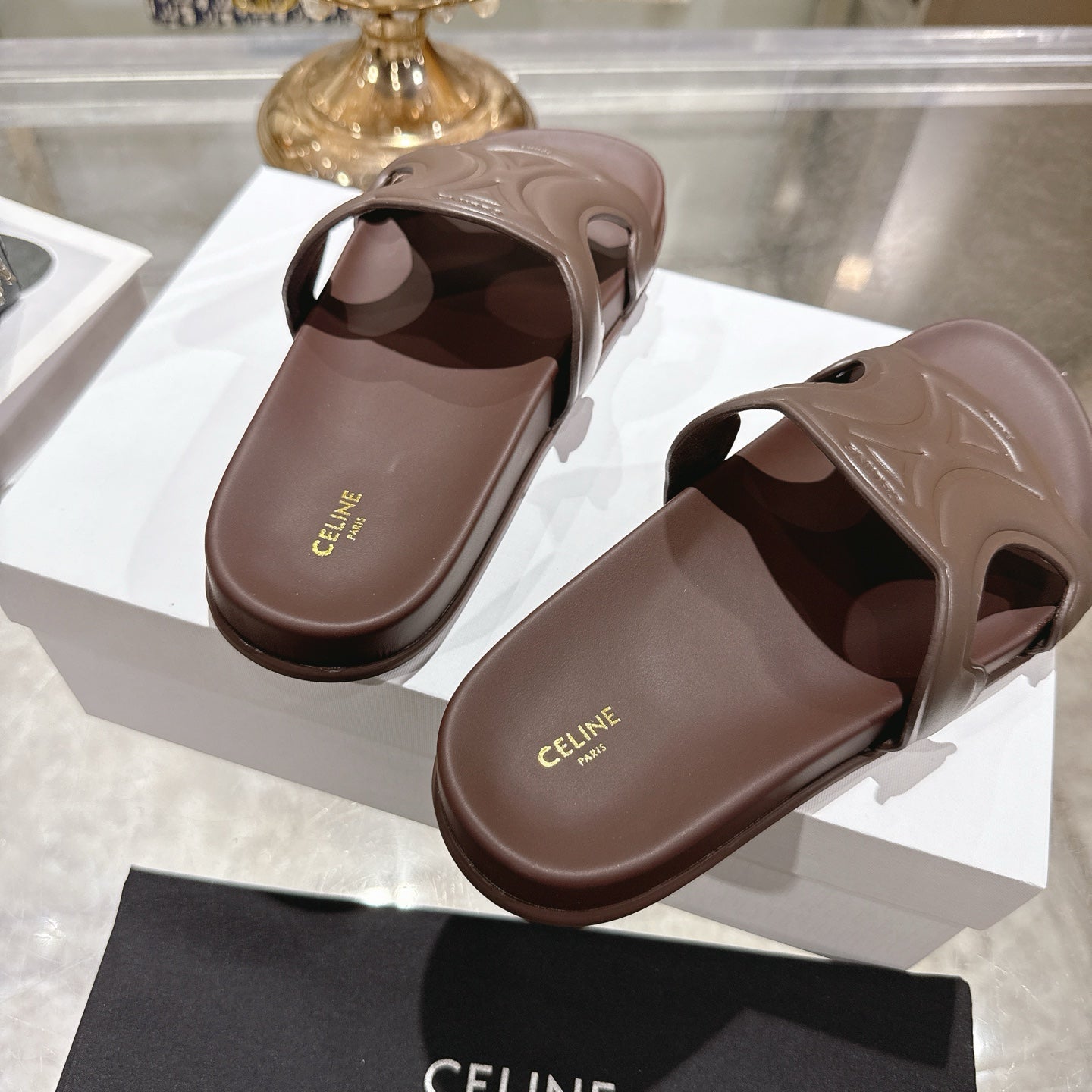 Celine 26s Triomphe Slide Chocolate Sheepskin 679832