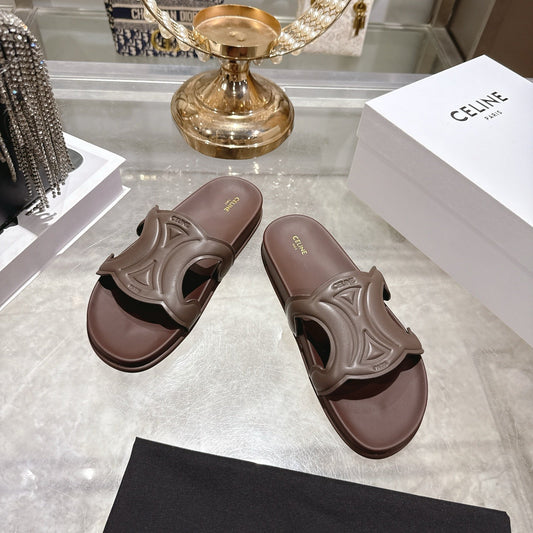 Celine 26s Triomphe Slide Chocolate Sheepskin 679832