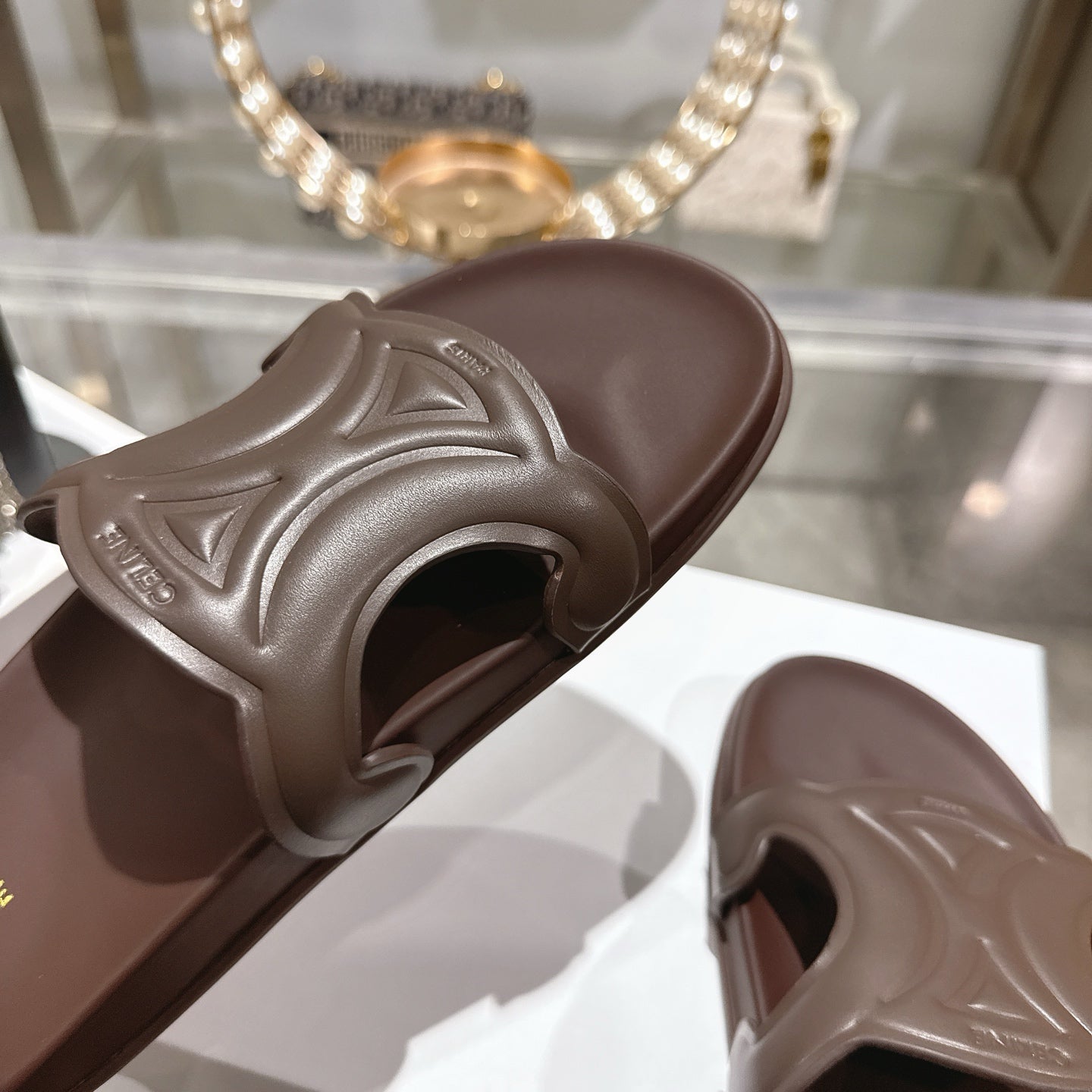 Celine 26s Triomphe Slide Chocolate Sheepskin 679832