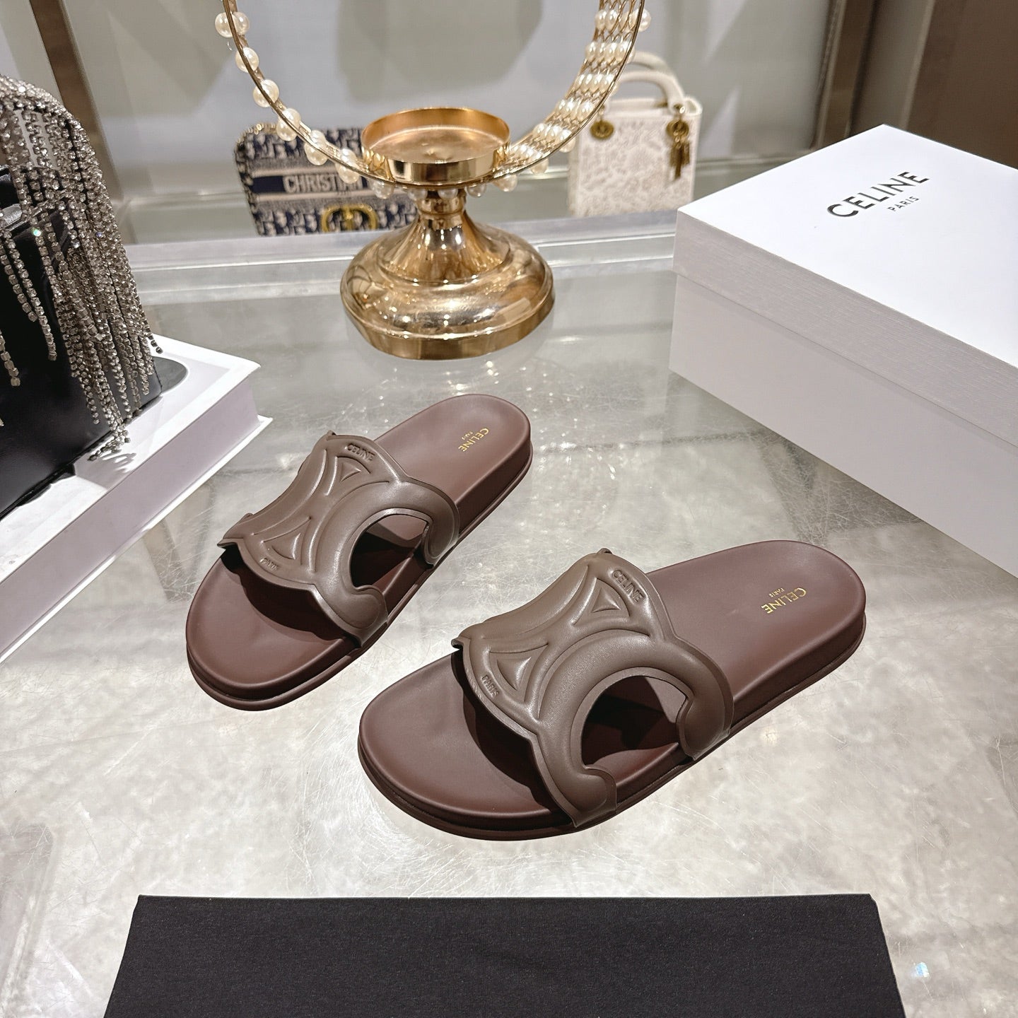 Celine 26s Triomphe Slide Chocolate Sheepskin 679832