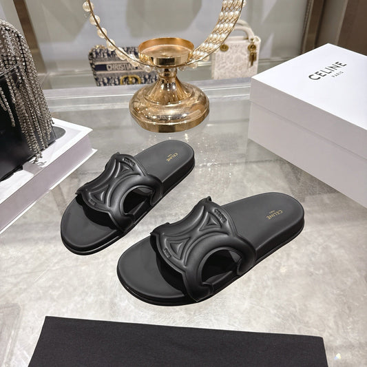 Celine 26s Triomphe Slide Black Sheepskin 679833
