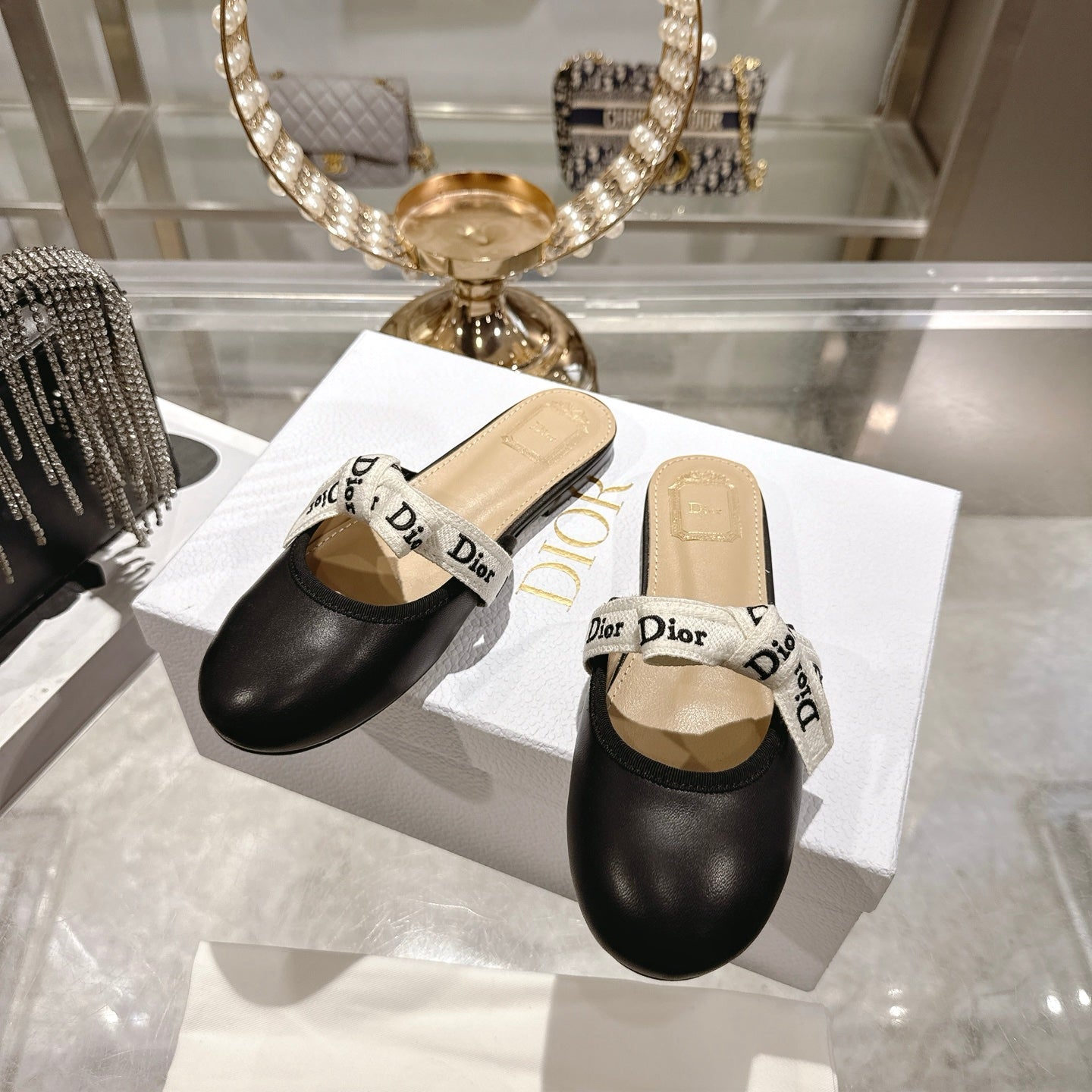 CD 26 Bow Flat Mules Embroidered Sheepskin
