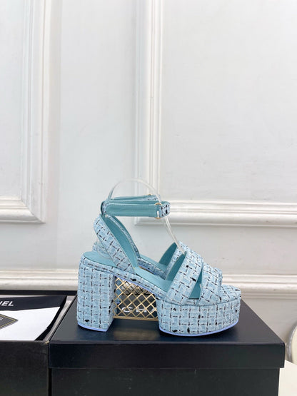 CC 26s HighHeeled Platform Sandals 85 Light Blue Tweed 631865