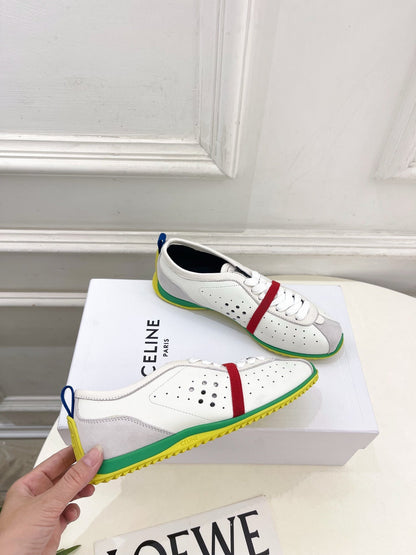 Celine 26s Soft Sneaker White Grey Green Perforated Lambskin Suede 947587