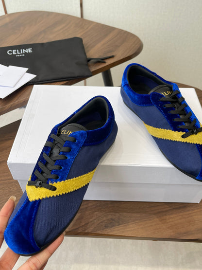 Celine 26 Flat Sneaker Dark Blue Yellow Canvas Suede 624713
