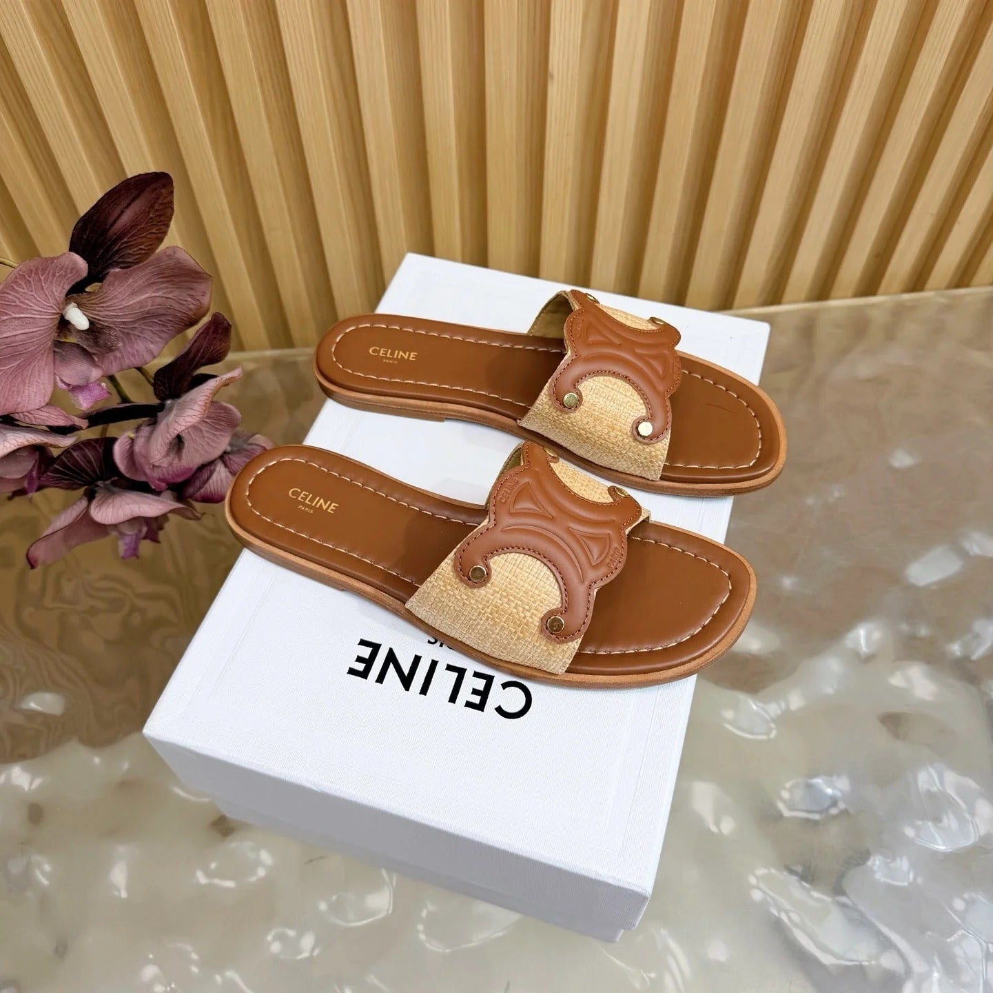 Celine 26 Triomphe Slide Sandals Leather 749443
